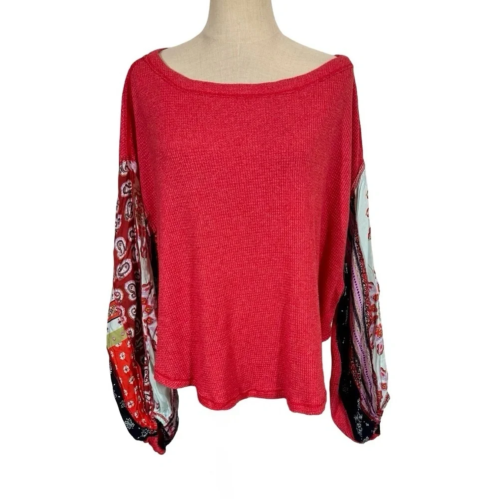 Free People We The Free Blossom Patchwork Balloon Sleeve Boho Thermal Top
